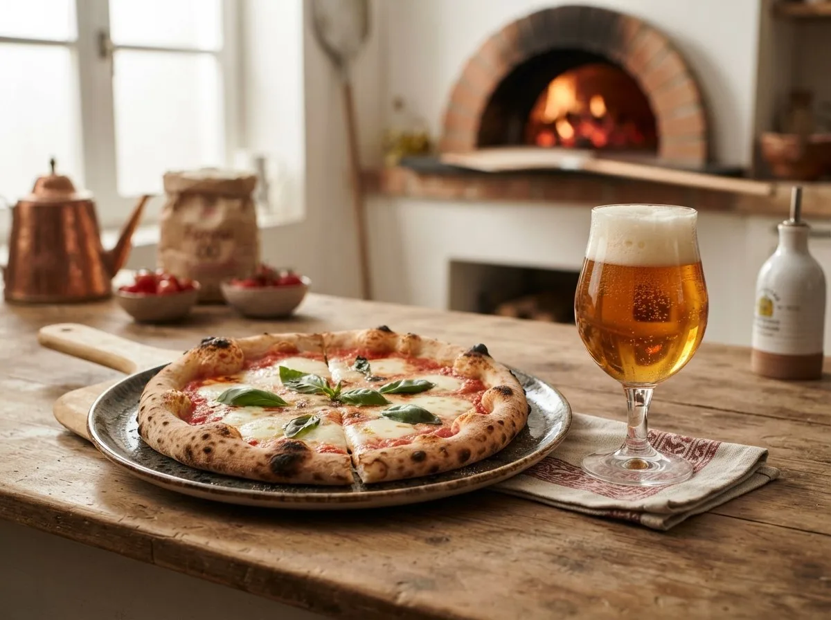 Due pinte di birra artigianale affiancate a una pizza